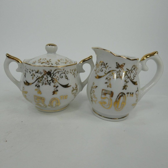 Norcrest Fine China Golden 50th Anniversary Sugar Bowl & Creamer AB689 ABJFB - Picture 2 of 7